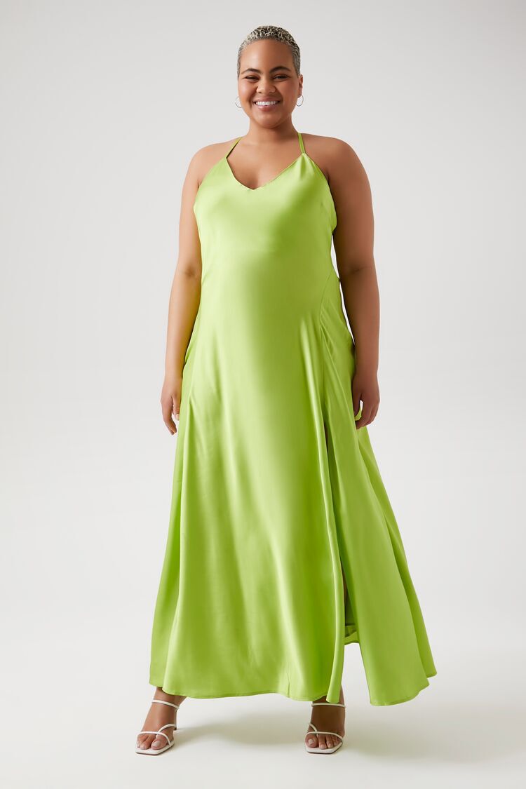 Plus Size Satin Slit Slip Maxi Dress
