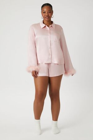 Plus Size Pink Satin Babydoll Top & Short Pyjama Set & Short, You + All