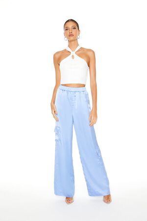 High Waist Wide Leg Cargo Trousers in Light Blue