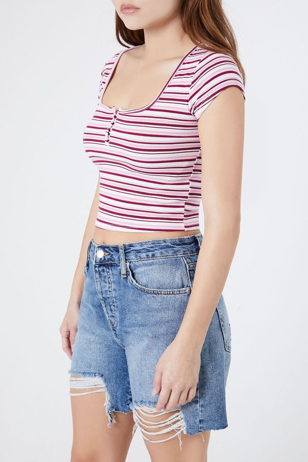 Ribbed Lace-Trim Henley Top