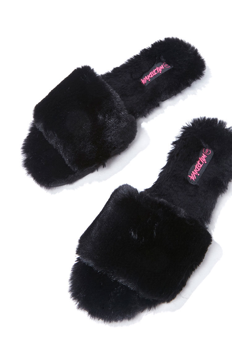 black faux fur slides