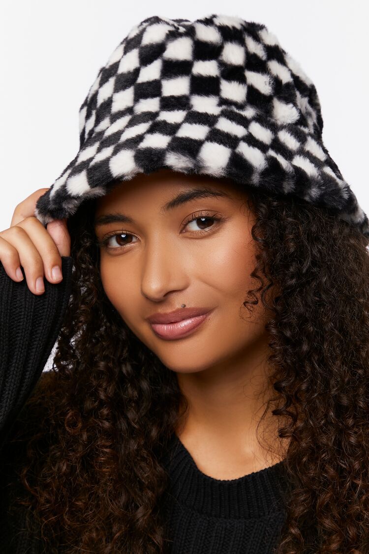 Faux Fur Checkered Bucket Hat