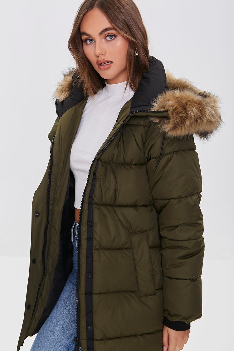 Faux Fur-Trim Hooded Puffer Jacket