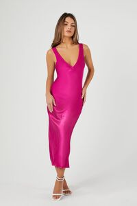 FUCHSIA Satin V-Neck Midi Dress, image 6