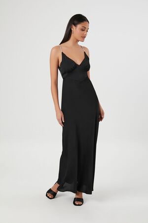 Black Satin Button Down Maxi Slip Dress