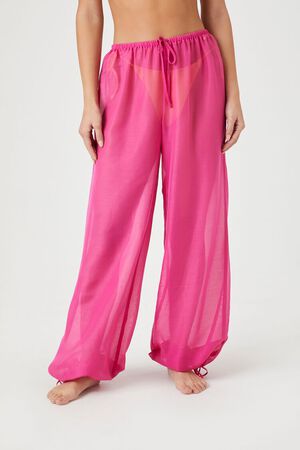 The Tropicale Silk Pajama Pants: 1980s Vintage Hot Pink Silky Flamingo  Wideleg Pajama Lounge Pants W/ Stretchy Waist 