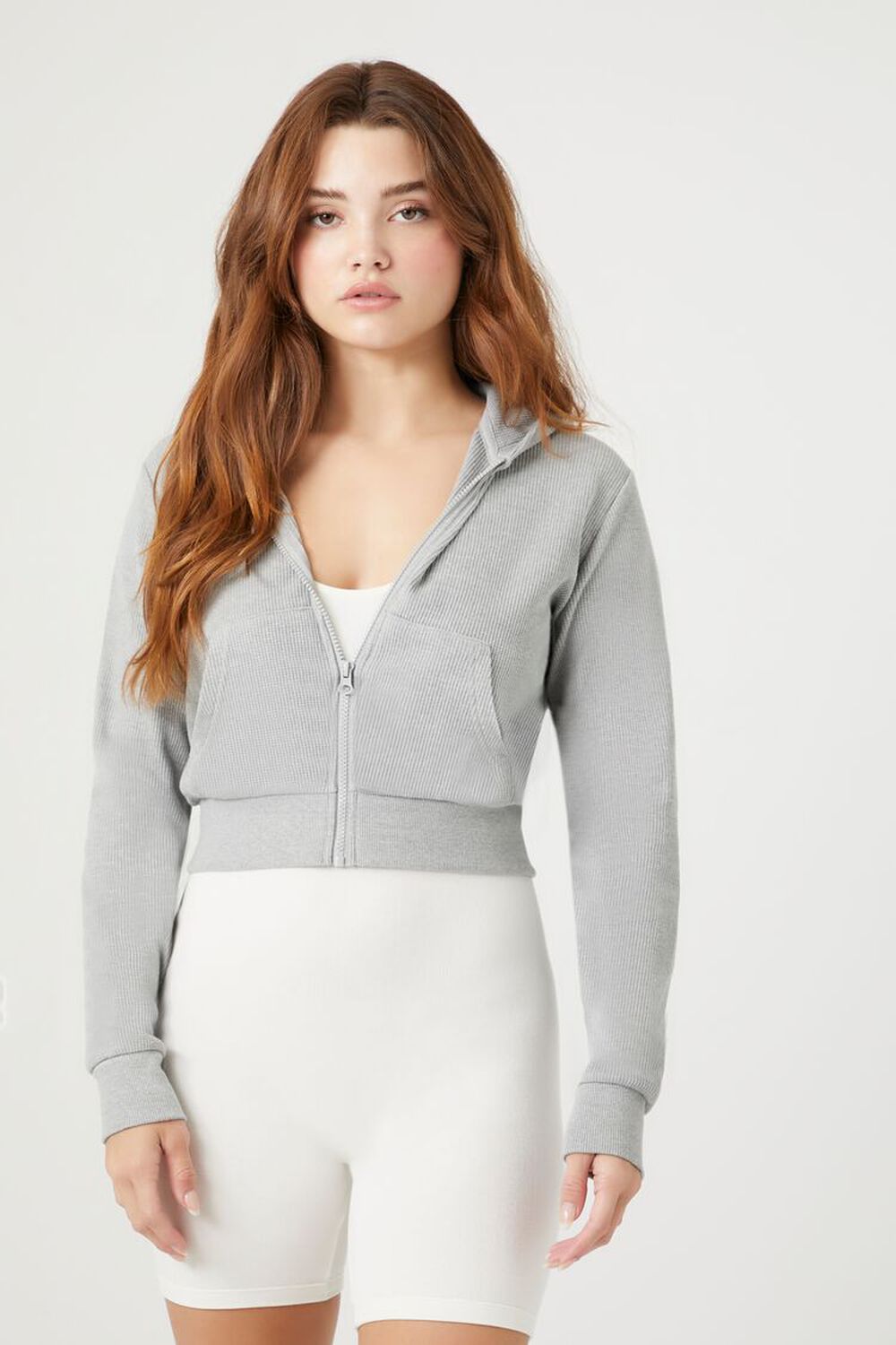 HEATHER GREY Cropped Zip-Up Hoodie, image 1