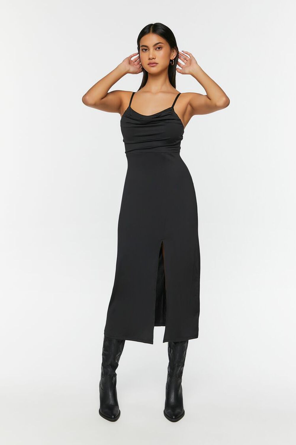 Cowl Neck Strap Slip Midi Dress with Side Slit – Sugar + Style