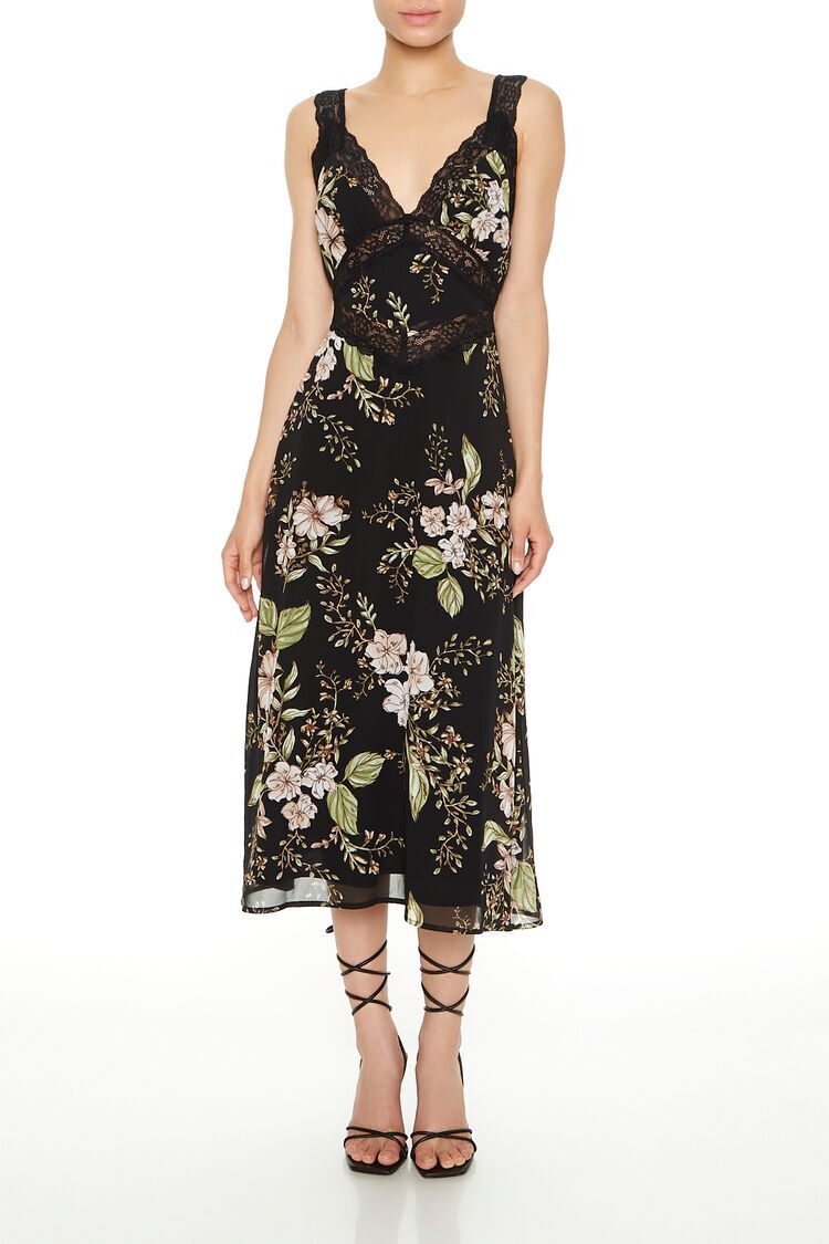 Lace-Trim Floral Print Midi Dress