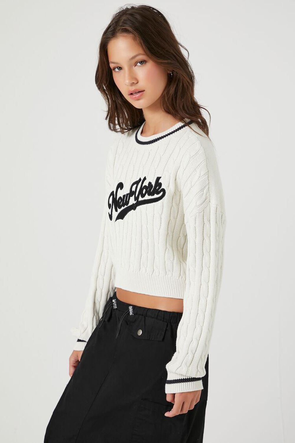 New York Yankees Sweatshirt Womens White Cord Cotton Crewneck Sweater New