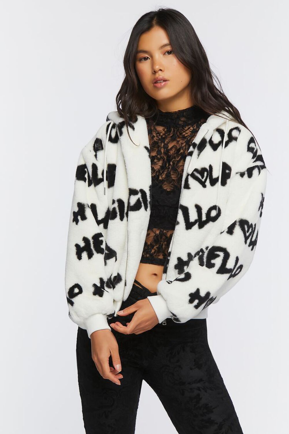 Faux Fur Hello Graphic Bomber Jacket