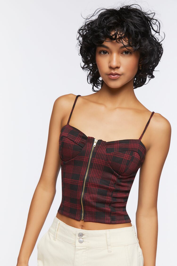 Plaid Zip-Up Cropped Bustier