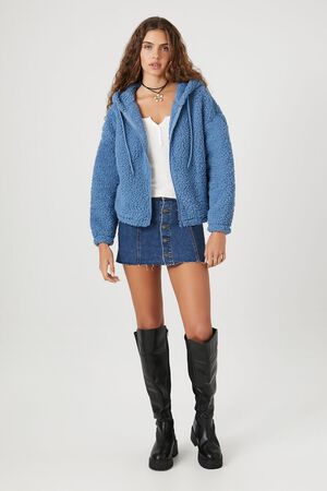 Flower Faux Shearling Zip Jacket In Blue