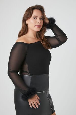 AMTF Sheer Black Long Sleeve Bodysuit Body Suit For Plus Size