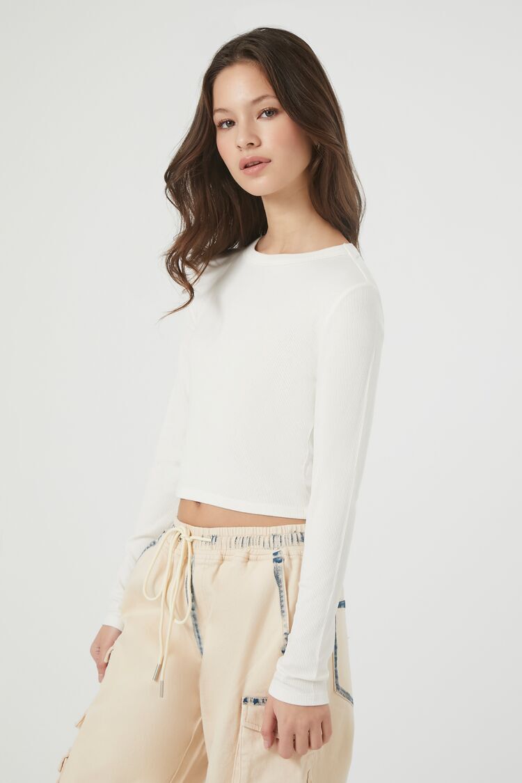 Ribbed Knit Long-Sleeve Crop Top