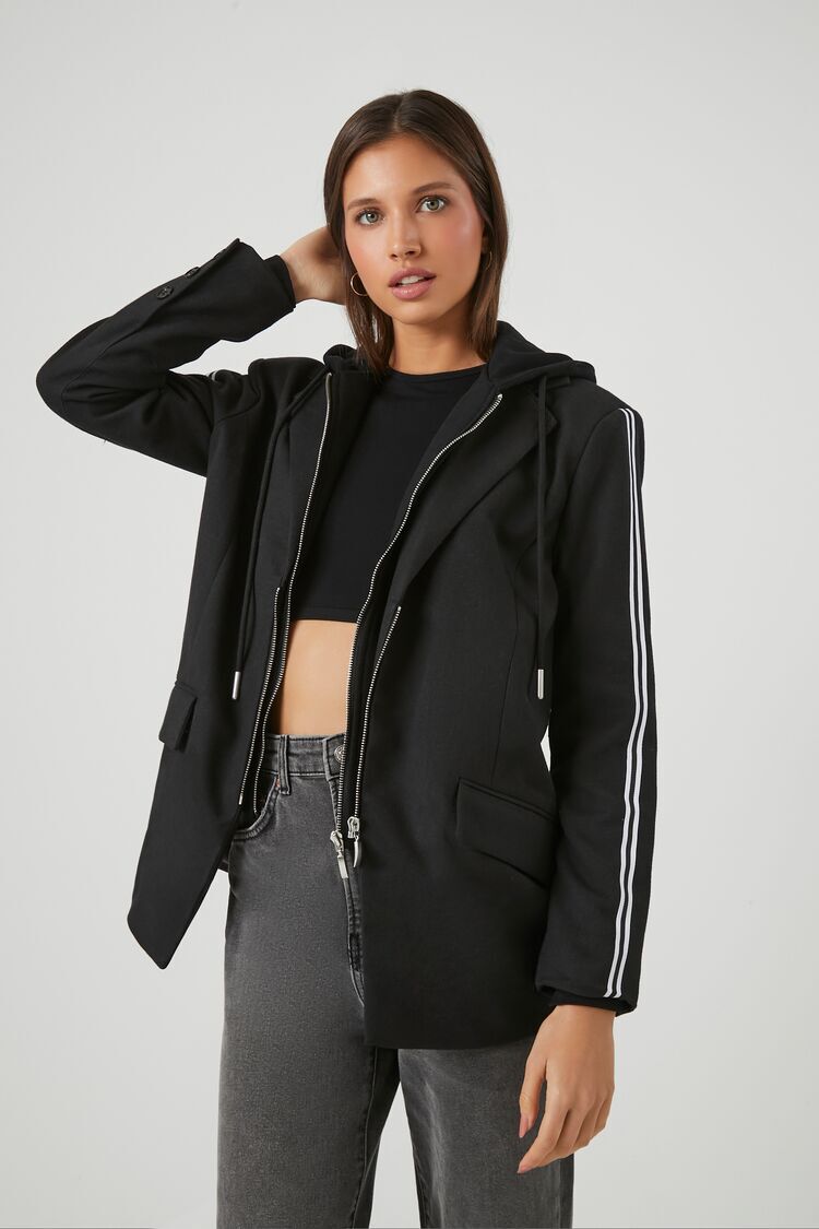 Varsity-Striped Zip-Up Hooded Blazer