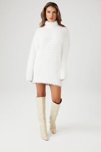 WHITE Faux Fur Mini Sweater Dress, image 1