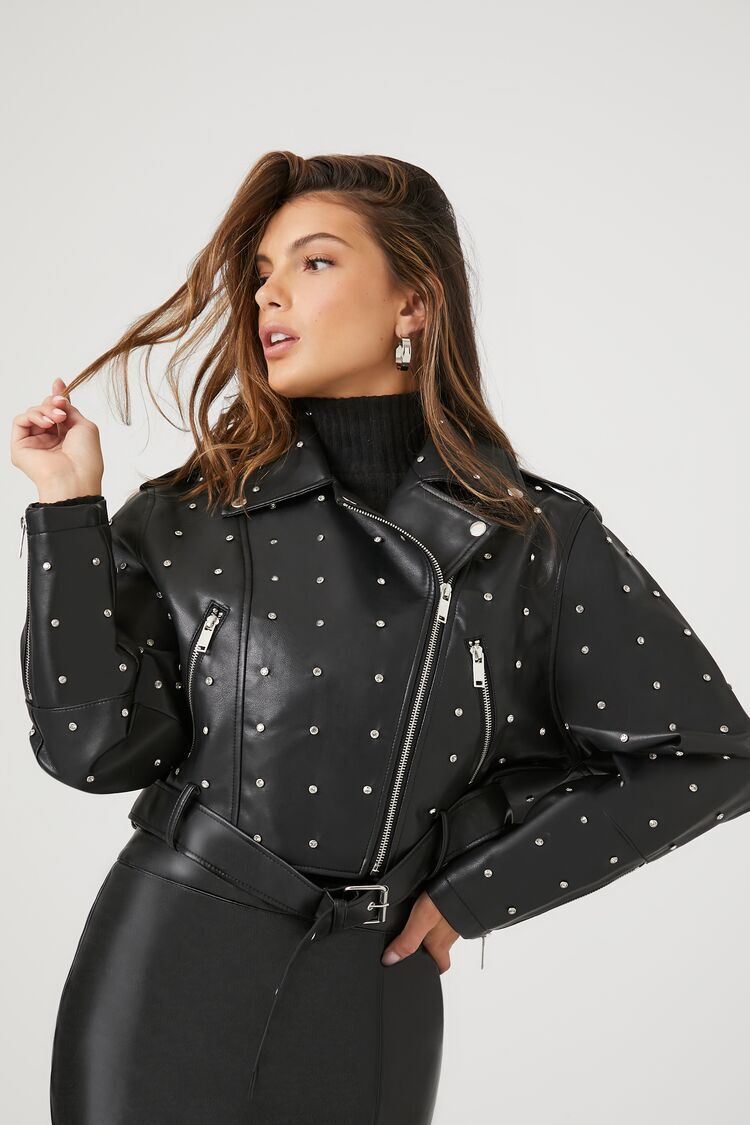 Rhinestone Faux Leather Moto Jacket