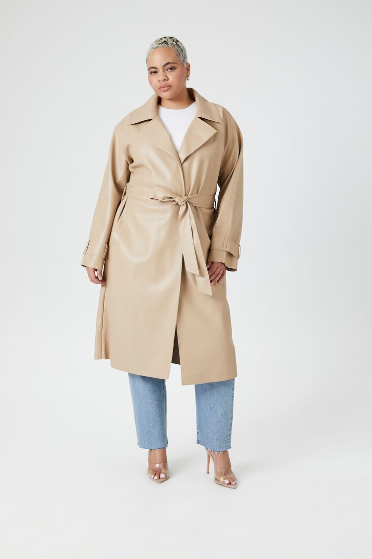 Plus Size Faux Leather Trench Coat