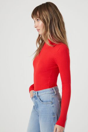 Ribbed Red Bodysuit, Sexy Knit Long Sleeve Top