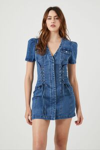 MEDIUM DENIM Lace-Up Denim Mini Dress, image 1