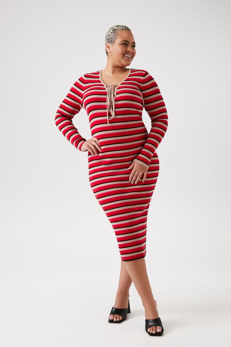 Plus Size Striped Lace-Up Sweater Dress