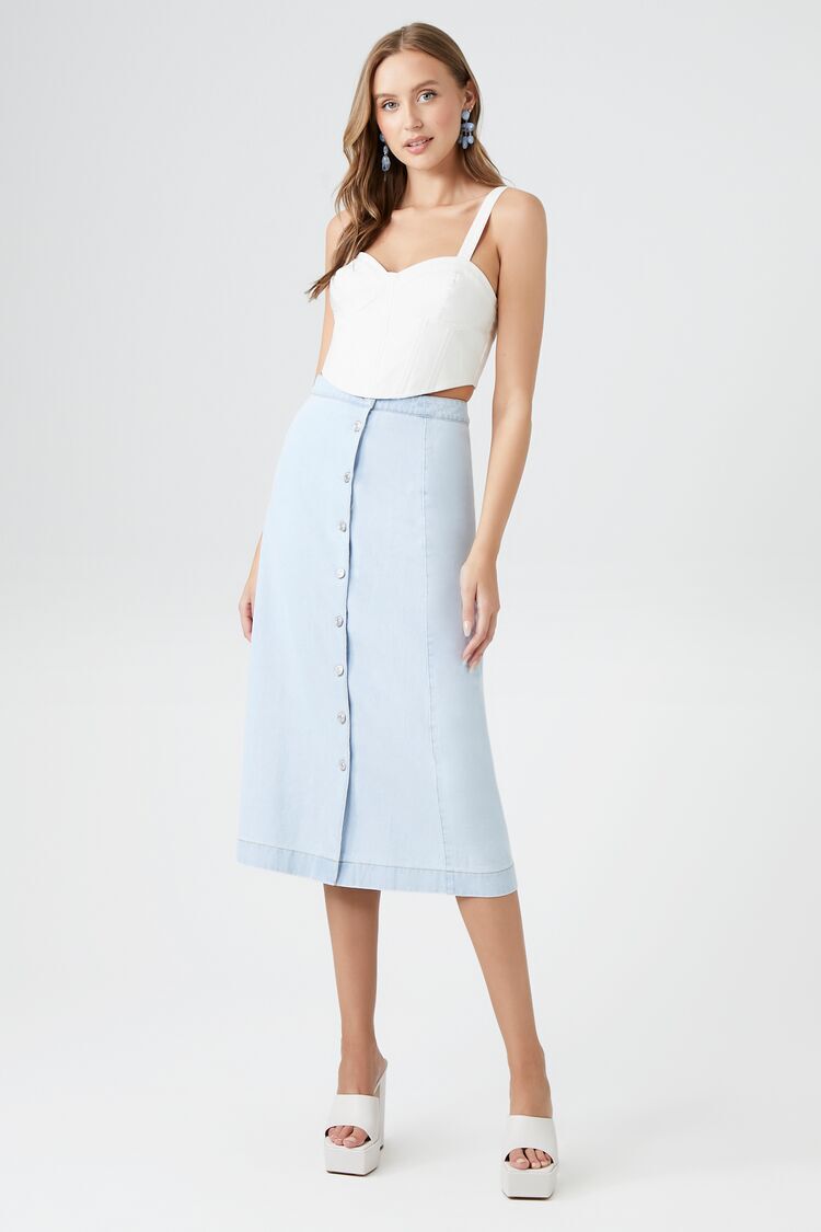 ASOS DESIGN Petite denim midi skirt with buttons in midwash blue | ASOS