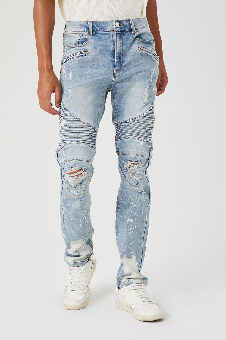 Distressed Bleach-Dye Moto Jeans