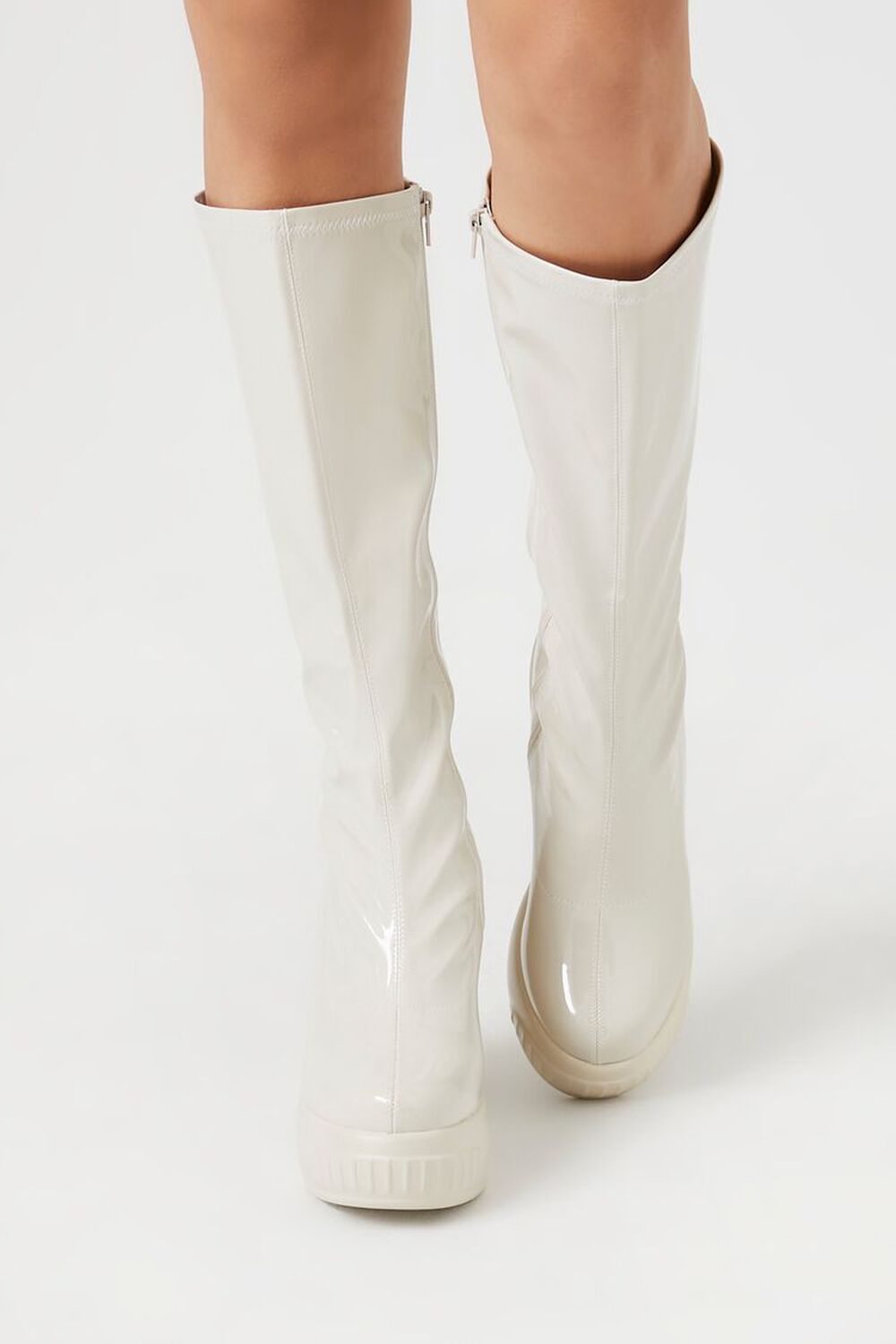 White Knee High Boots in Patent