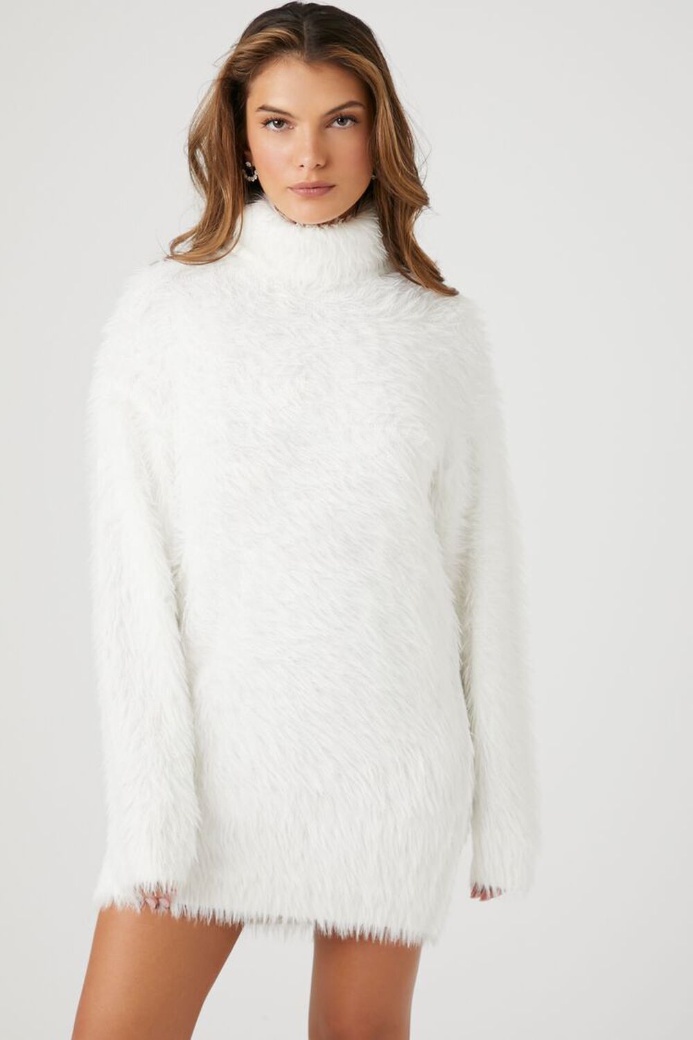 WHITE Faux Fur Mini Sweater Dress, image 2