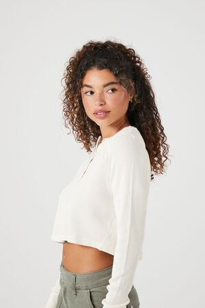 Forever 21 Women's Curved-Hem Thermal Henley Top in White Small