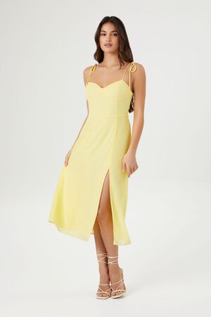 Tie Strap Fit & Flare High Slit Slip Midi Dress - Yellow – Lady Occasions