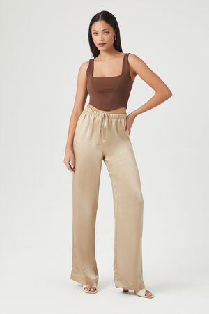 Wide Leg Trousers, Ladies Brown Trousers Solid Color Satin With