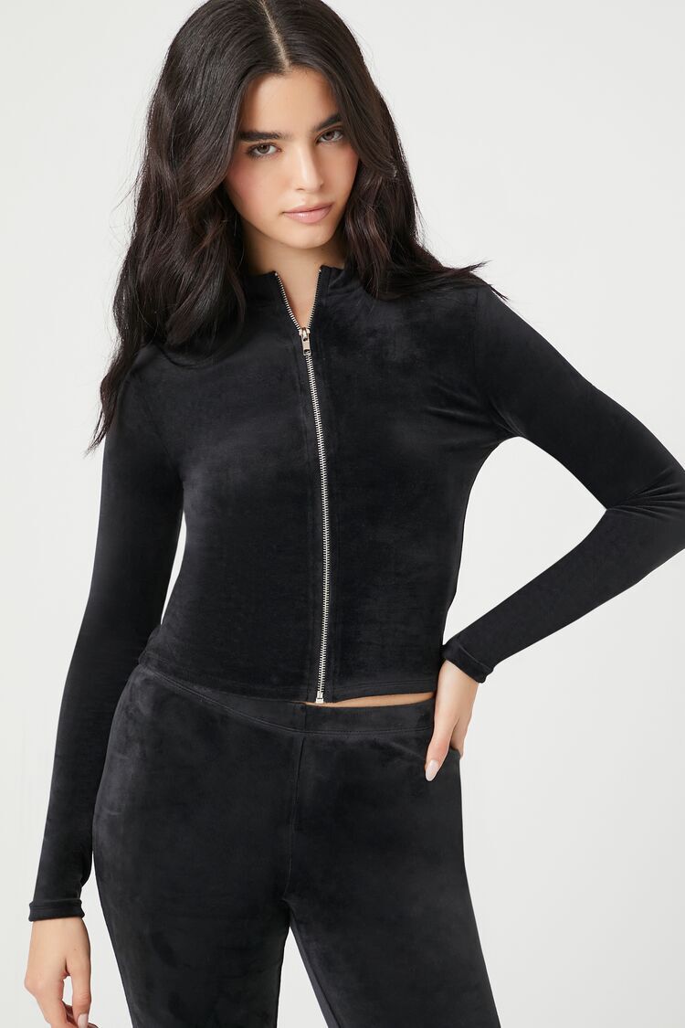 Cropped Velour Zip-Up Sweater
