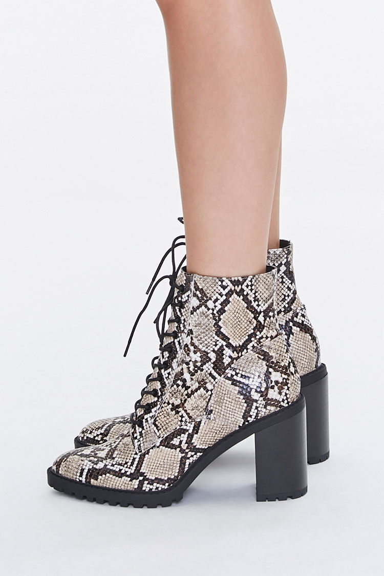 snakeskin lace up block heels