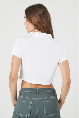 Forever 21 Women's Cropped Jersey-Knit Polo Shirt in White Small | Back to School Essentials | F21