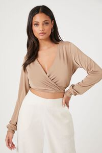 TAUPE Surplice Long-Sleeve Crop Top, image 1