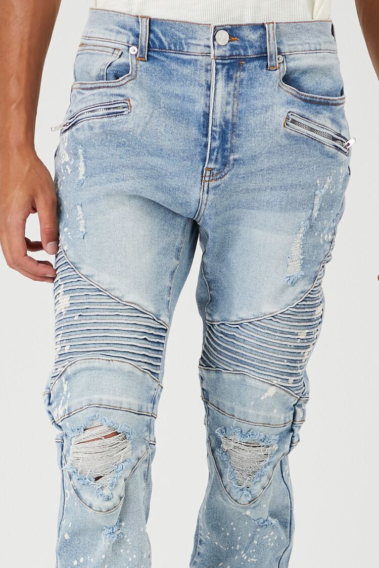 Distressed Bleach-Dye Moto Jeans