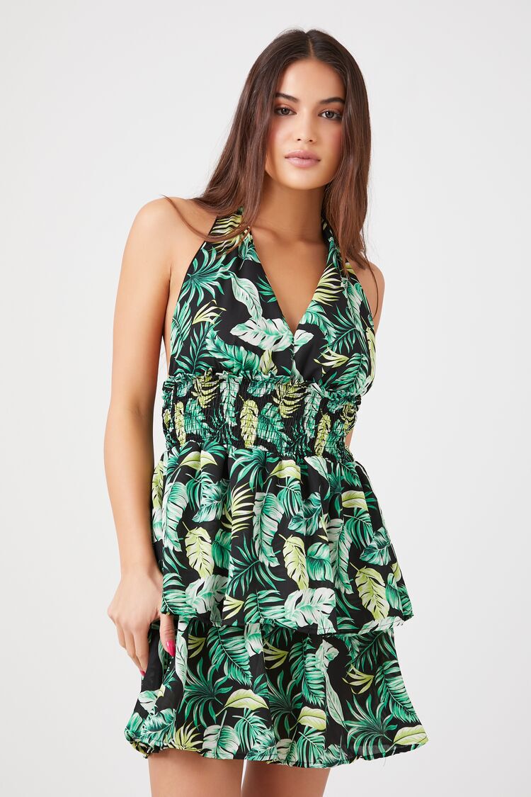 Beige Tropical Print Dress