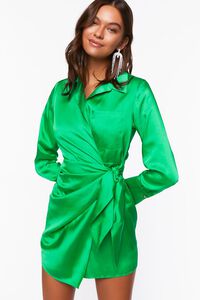 GREEN HAZE Satin Wrap Mini Dress, image 1