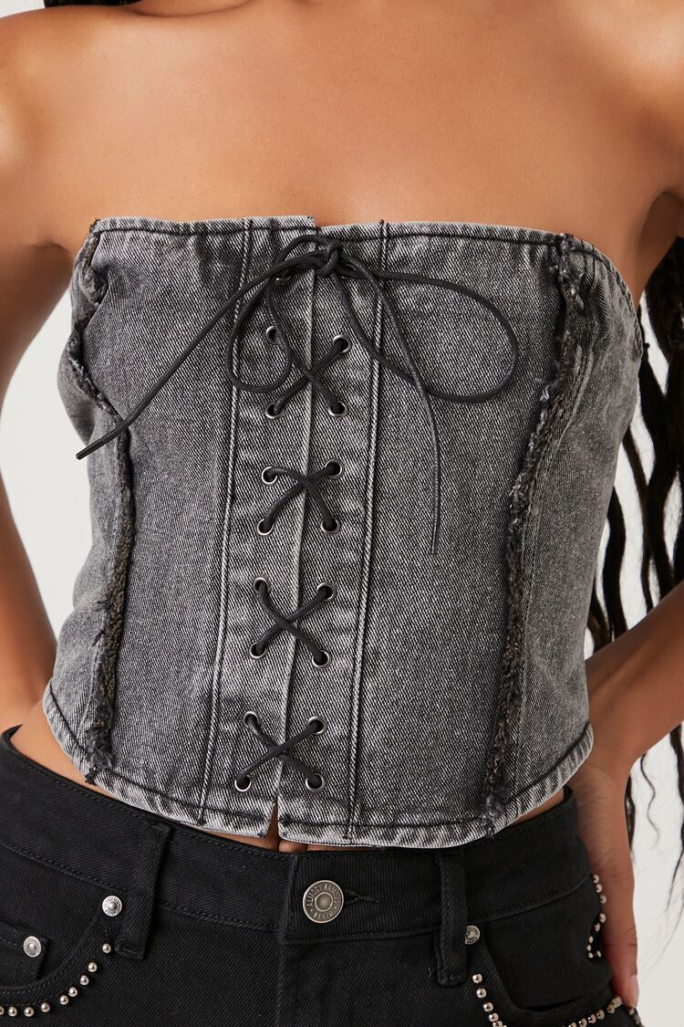 Lace-Up Denim Tube Top