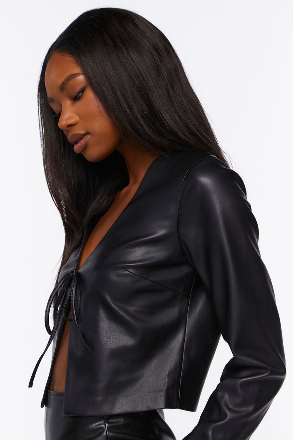 BLACK Faux Leather Split-Hem Top, image 2