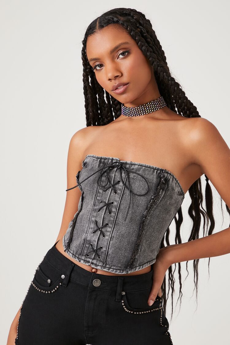 Lace-Up Denim Tube Top