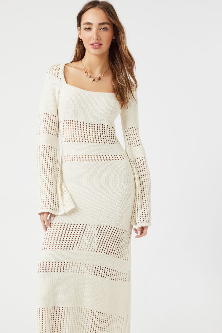 Open-Knit Bell-Sleeve Maxi Dress