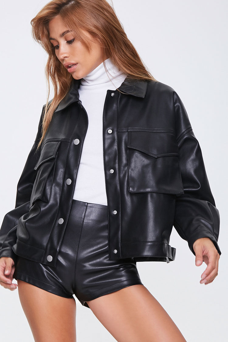 Faux Leather Drop-Sleeve Jacket