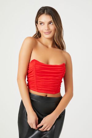 Red Ruched Side Bandeau Crop Top