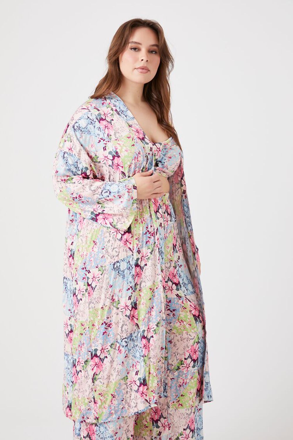 BLUE/MULTI Plus Size Floral Top & Kimono Set, image 2