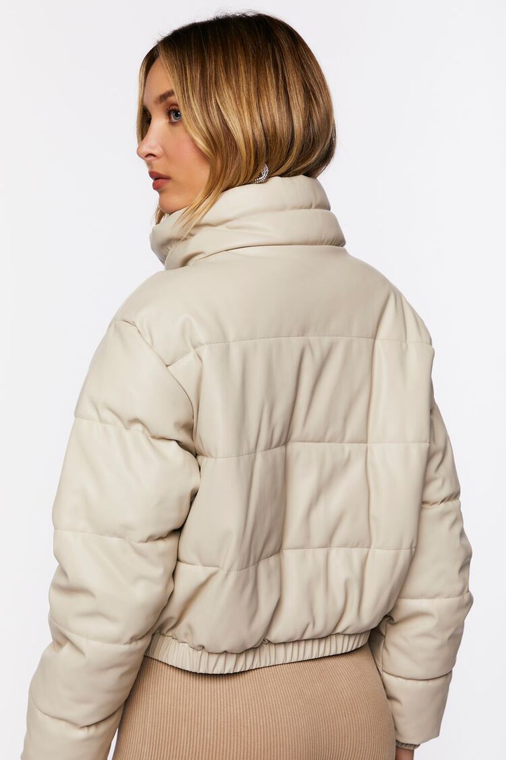 BEIGE Faux Leather Puffer Jacket, image 3