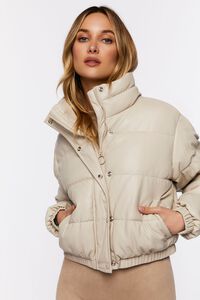 BEIGE Faux Leather Puffer Jacket, image 1