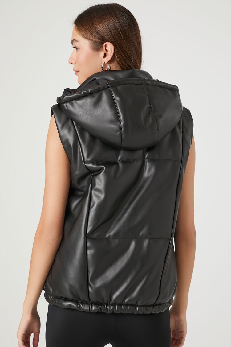 Hooded Faux Leather Puffer Vest